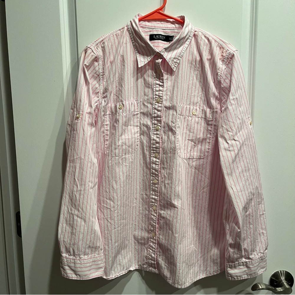 Lauren Ralph Lauren Sz XL 100% Cotton Pink Striped Button Down Shirt.